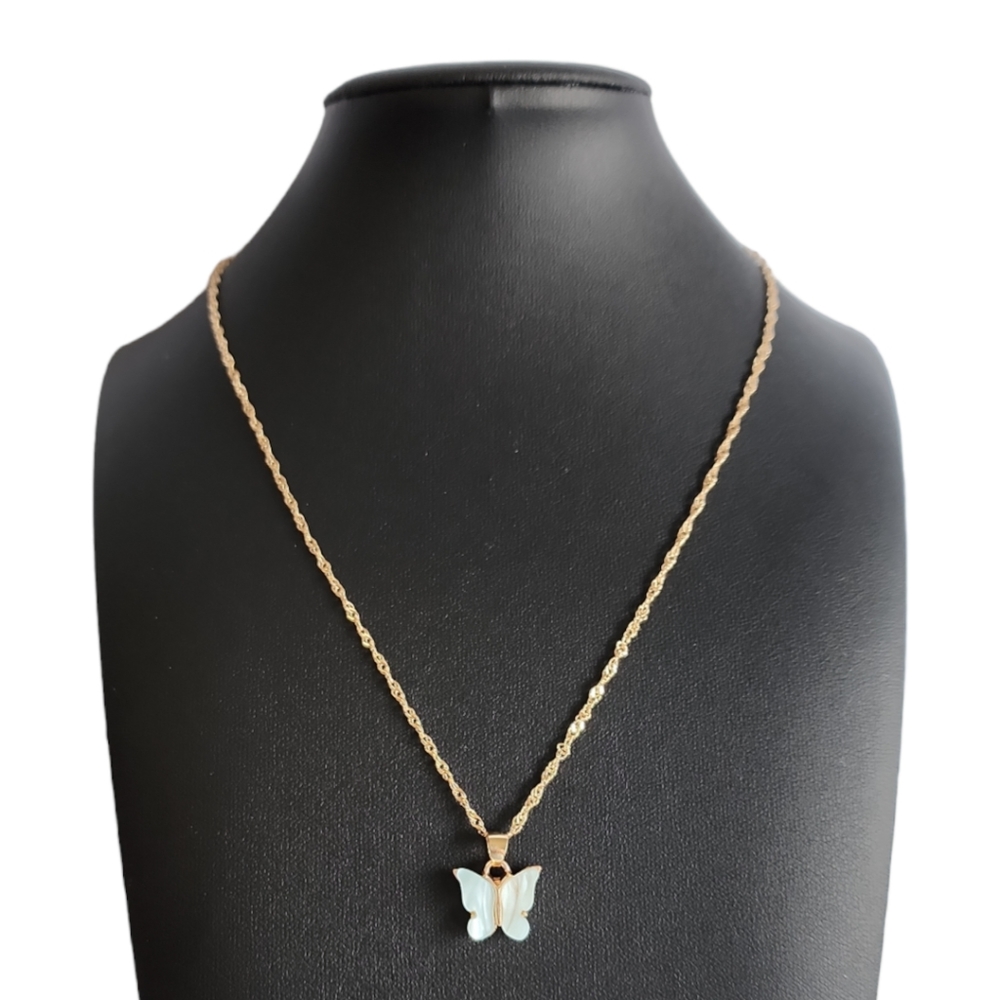 Gold Tone Light Blue Butterfly Pendant Necklace